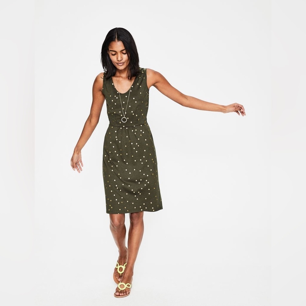 Boden Women’s Melinda Jersey Dress Size 4 Green & Gold Polka Dot - Picture 2 of 13